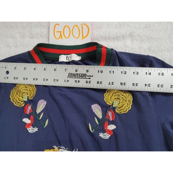 Faded Love Womens Floral Tiger Embroidered Navy Short Sleeve Mini Dress Medium - Picture 6 of 9